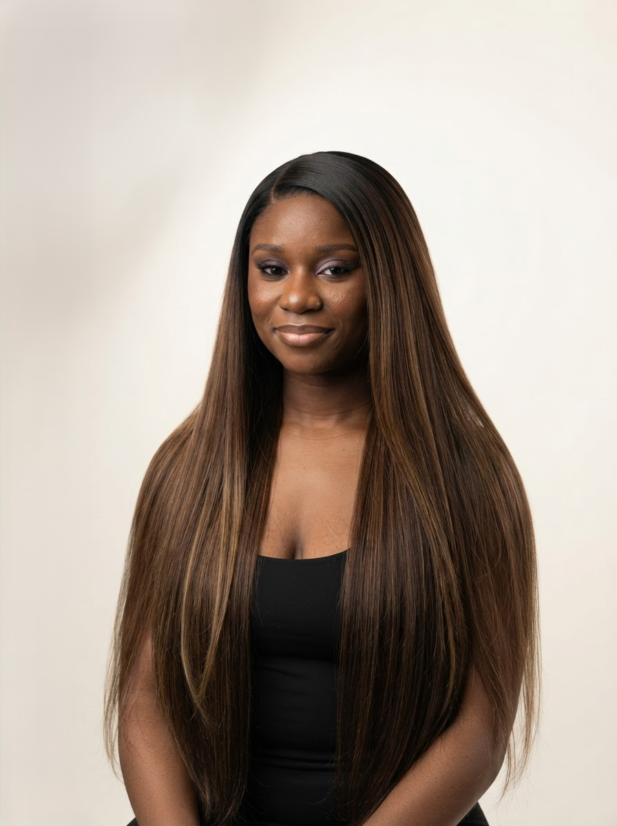 ASO layered straight synthetic lace front wig with highlights